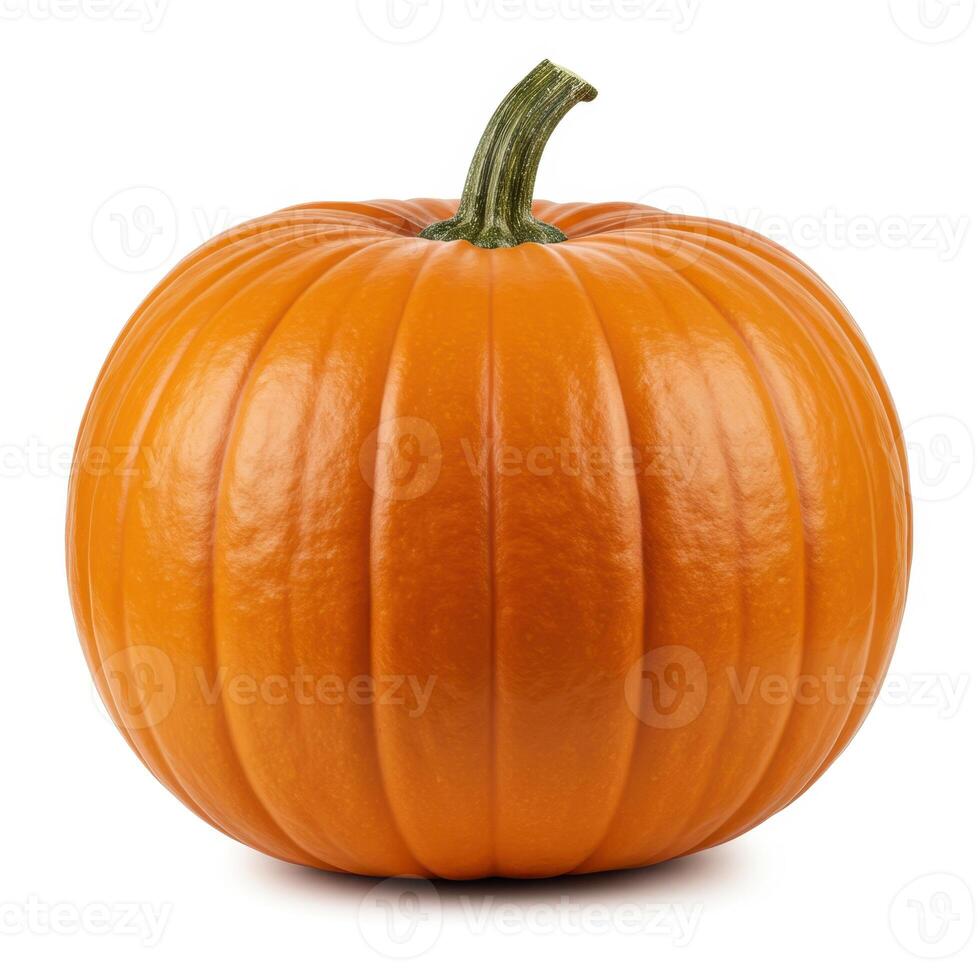 A single ripe orange pumpkin with a green stem against a clean white background photo