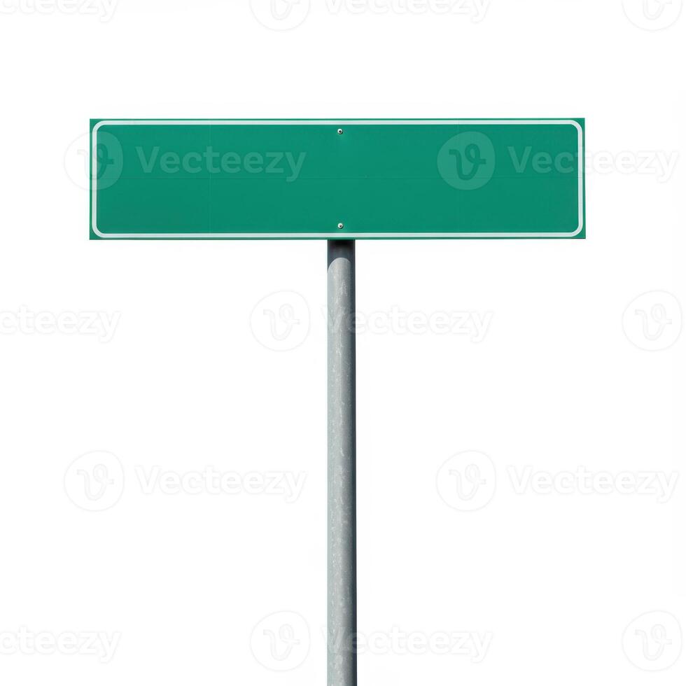 Blank green road sign mounted on a metal pole against a white background photo