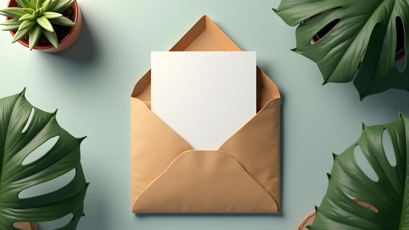Blank Brochure Mockup Inside Kraft Envelope on White Background photo