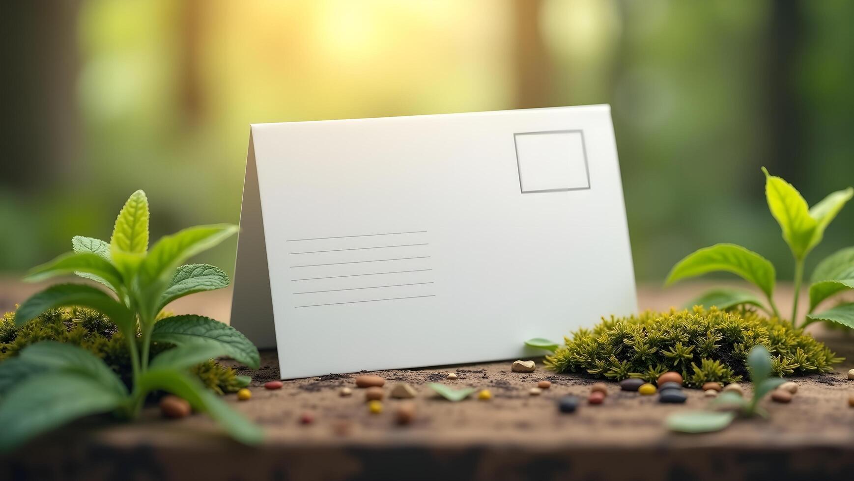 Blank Postcard Mockup with Nature Background in Soft Focus photo