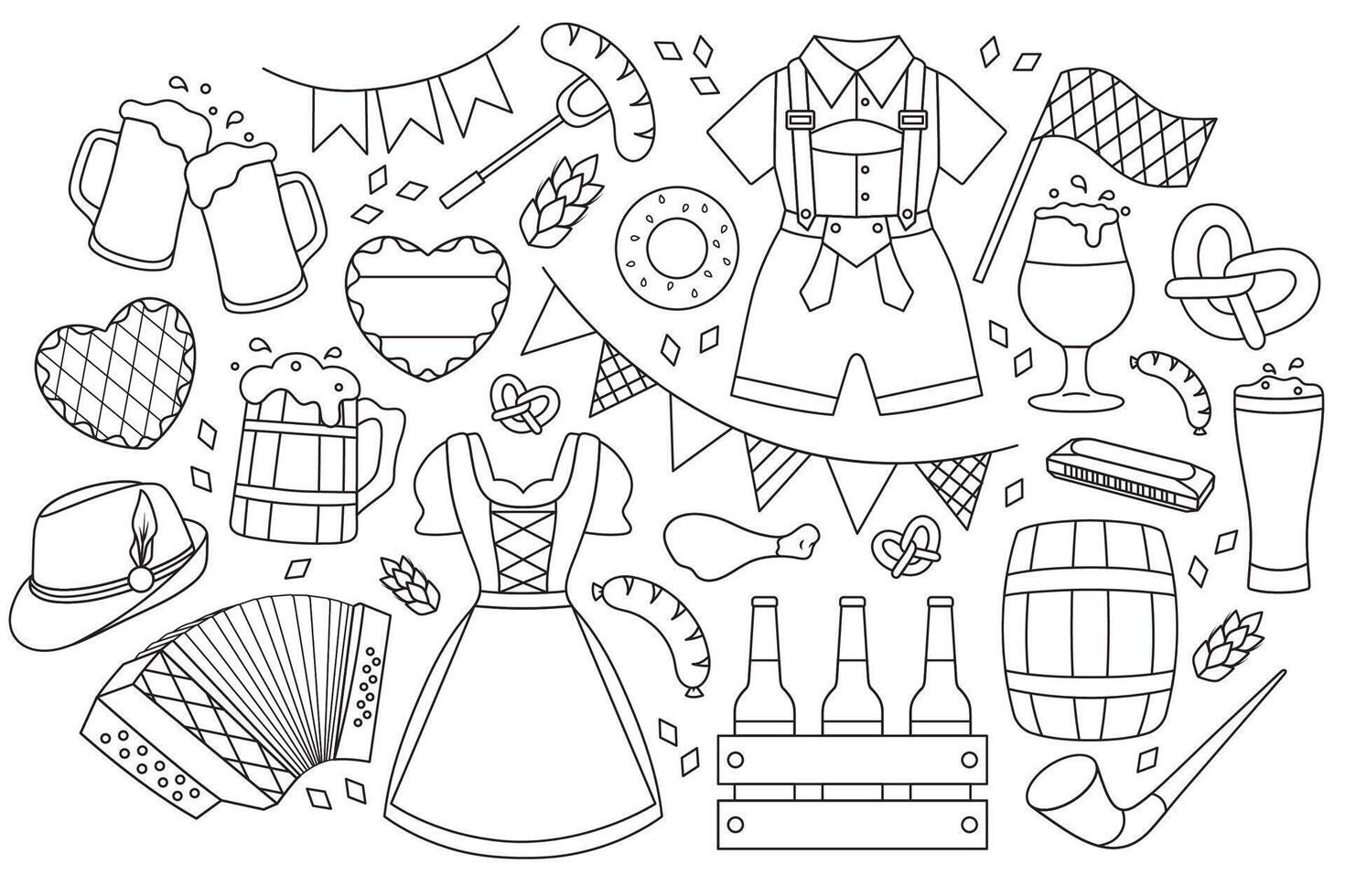 Oktoberfest, large set, beer mugs, snacks, Bavarian flag, wooden barrel, musical instruments, national clothes, simple white black icons vector