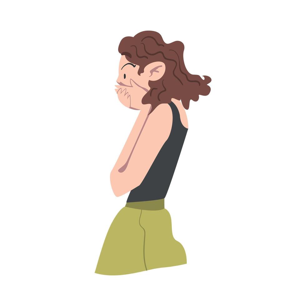 Shocked Young Woman Closed her Mouth with Her Hands, Emotional Reaction Concept, Surprised and Amazed Person Cartoon Style Illustration vector
