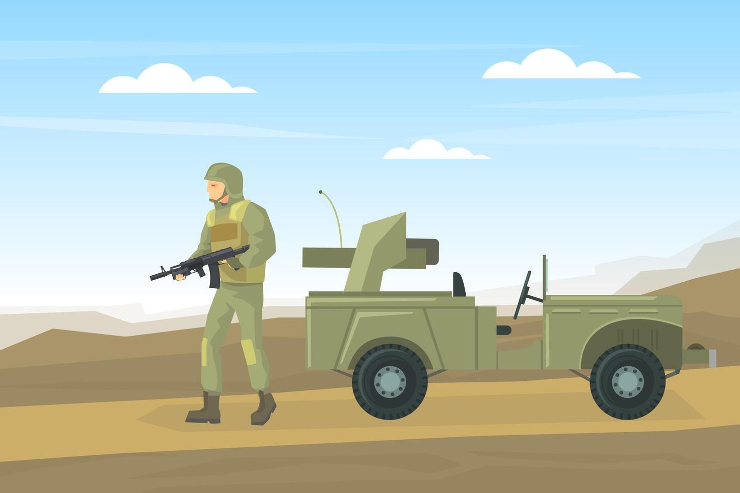 Military Soldier with Gun and Army Vehicle on Desert Landscape Flat Illustration vector