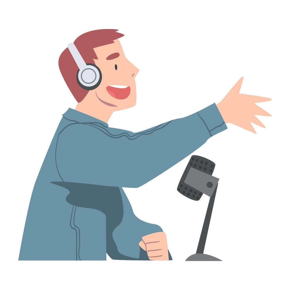 Side View of Man in Headphones Doing Live Audio Podcast with Microphone, Radio Host Communicating with Guest in Studio Cartoon Style Illustration vector