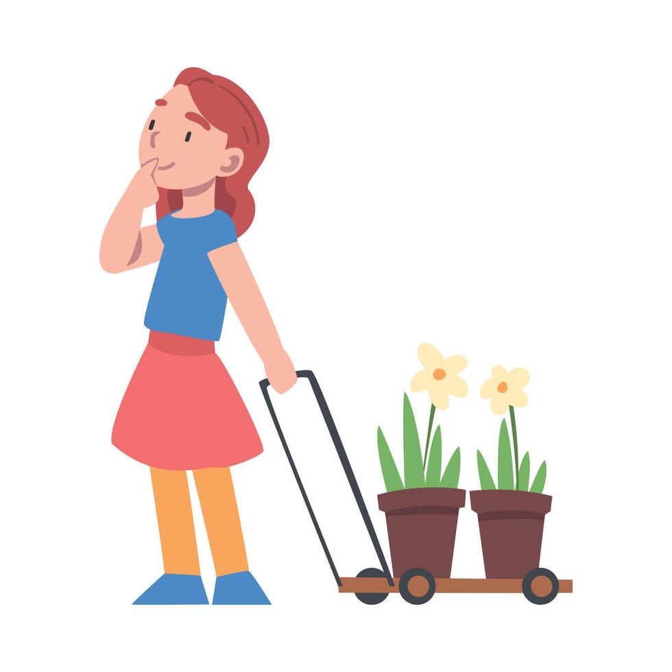 Girl Pulling Cart With Seedlings in Flower Pots, Kid Taking Care about Ecology, Conservation of Planet Resources, Environmental Protection Concept Cartoon Illustration vector