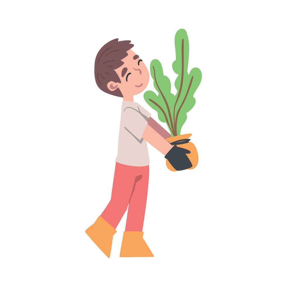 Boy Carrying Flower Pot with Seedling of Tree, kid Taking Care about Ecology, Conservation of Planet Resources, Environmental Protection Concept Cartoon Illustration vector