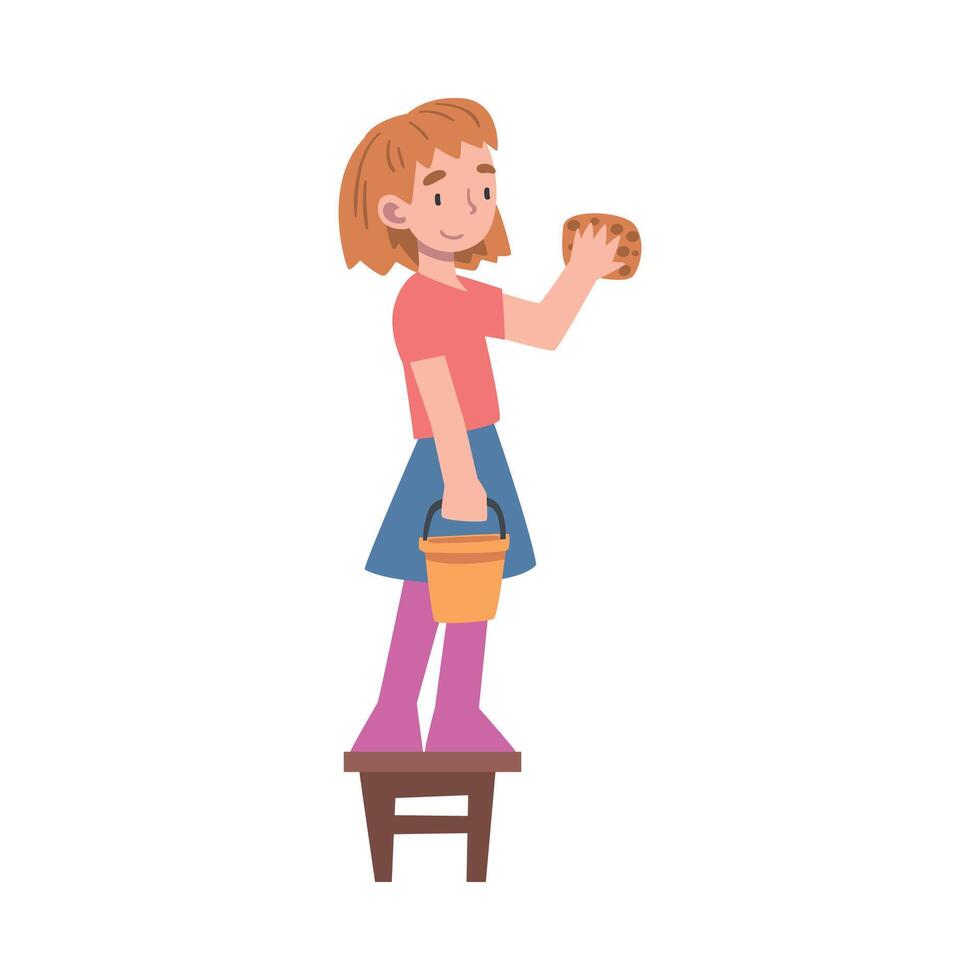 Cute Girl Standing on Wooden Chair with Rag and Bucket, Kid Taking Care about Ecology, Conservation of Planet Resources Concept Cartoon Illustration vector
