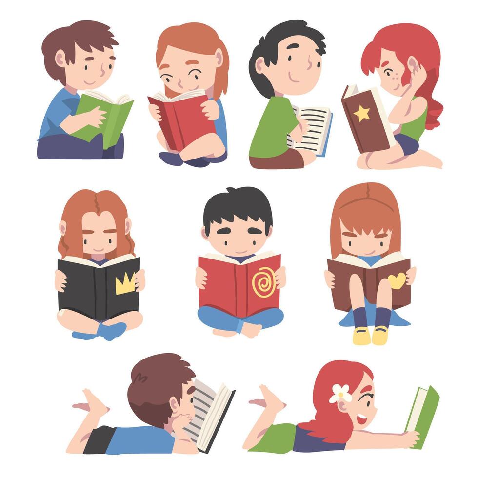 Kids Sitting On Floor and Reading Books Set, Cute Adorable Boys and Girls Enjoying of Literature, Elementary School Students Characters Cartoon Style Illustration vector