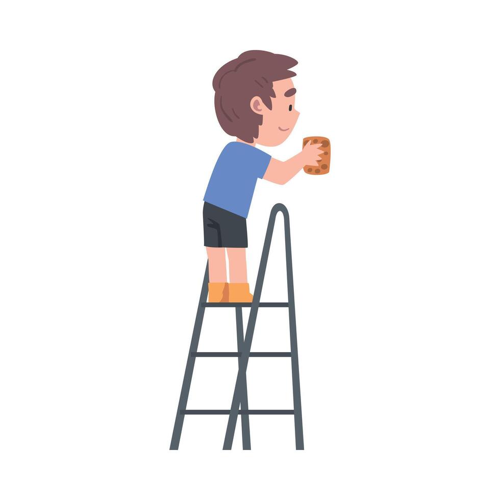 Boy Standing on Ladder Cleaning with Rag, Kid Taking Care about Ecology, Conservation of Planet Resources Concept Cartoon Illustration vector