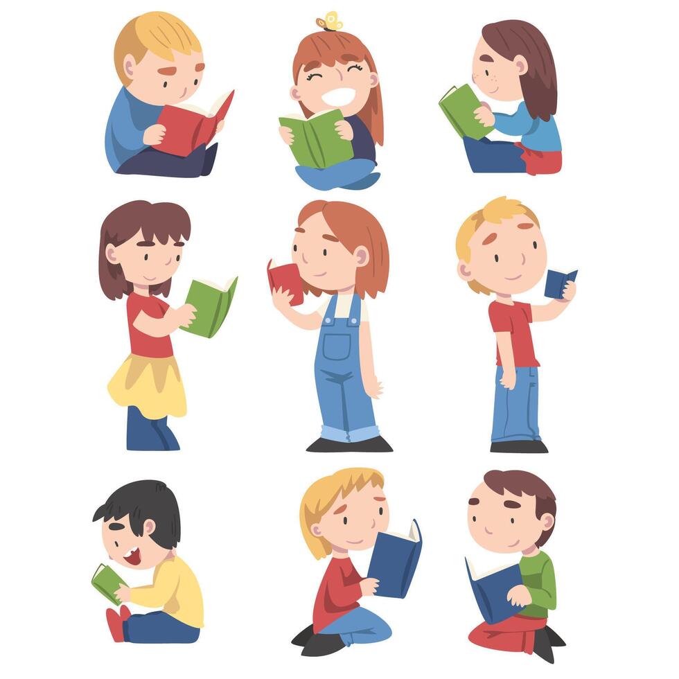 Kids Sitting On Floor and Reading Books Set, Cute Adorable Boys and Girls Enjoying of Literature Cartoon Style Illustration vector