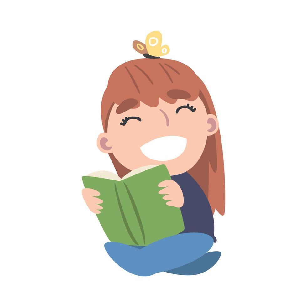 Happy Girl Sitting On Floor and Reading Book, Cute Adorable Kid Enjoying of Literature, Elementary School Student Character Cartoon Style Illustration vector