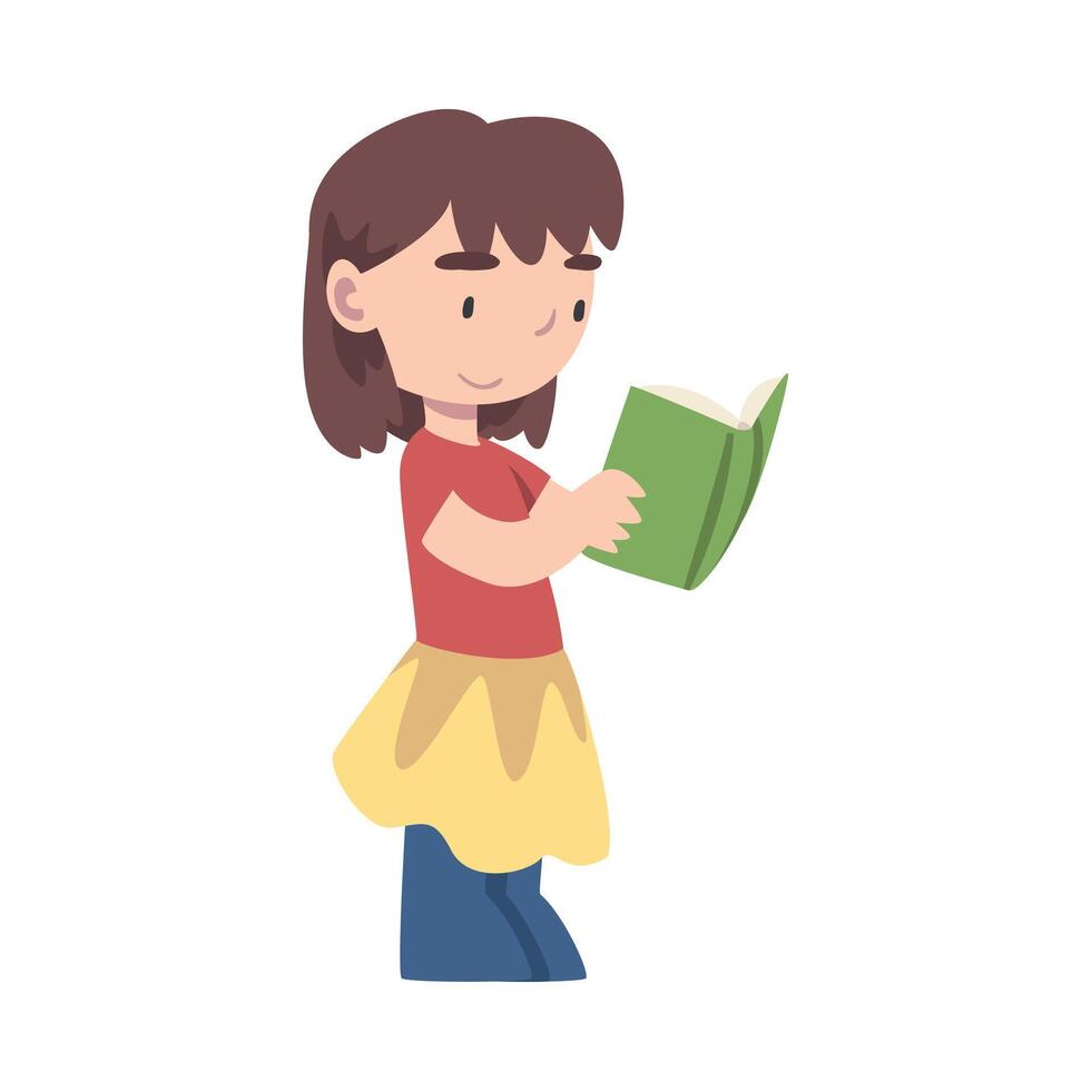Cute Girl Standing and Reading Book, Adorable Kid Enjoying of Literature, Elementary School Student Character Cartoon Style Illustration vector