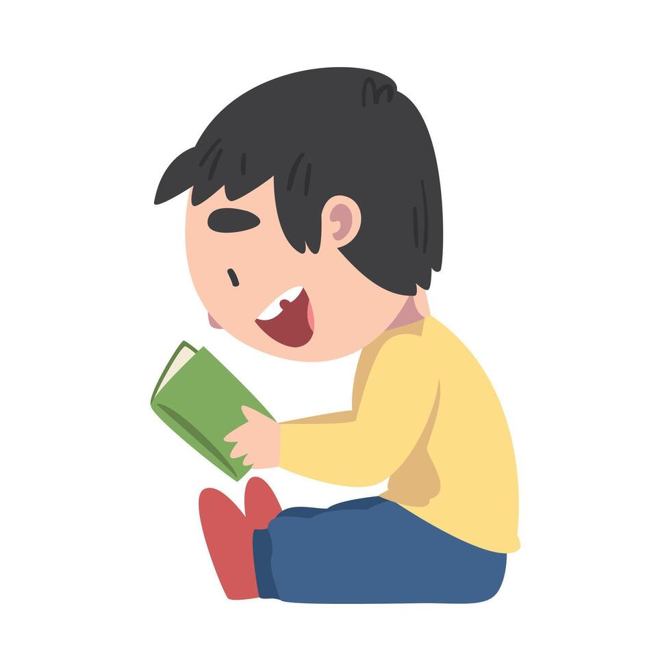 Happy Smiling Boy Sitting On Floor and Reading Book, Adorable Kid Enjoying of Literature, Elementary School Student Character Cartoon Style Illustration vector