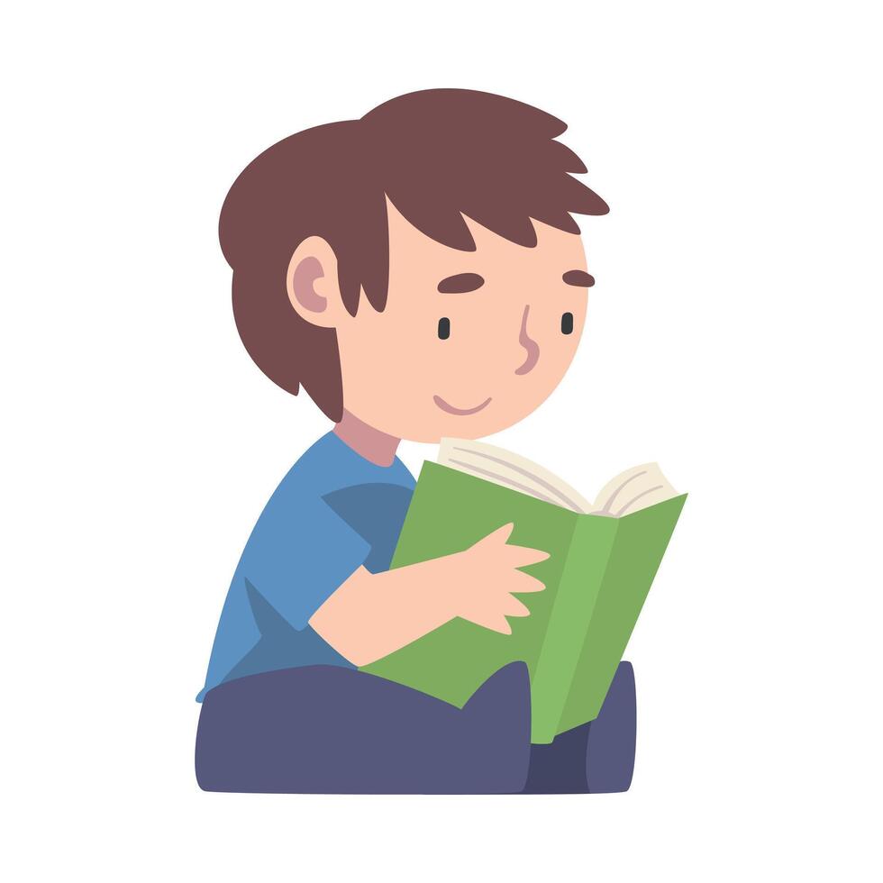 Boy Sitting On Floor and Reading, Cute Kid Enjoying of Literature, Elementary School Student Character Cartoon Style Illustration vector