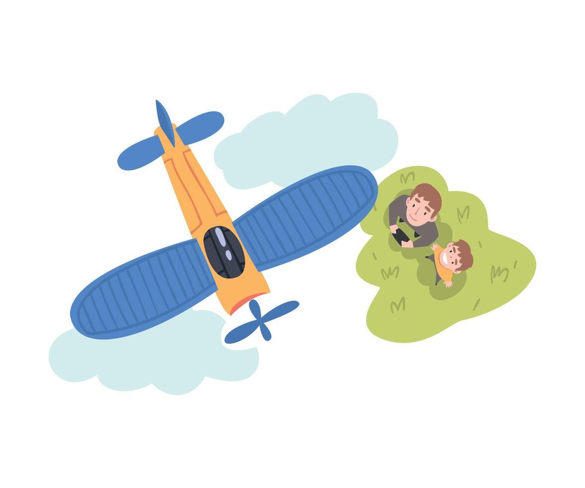 Dad and his Son Launching Airplane Model, Parent and Son Spending Time Together Outdoors Cartoon Style Illustration vector