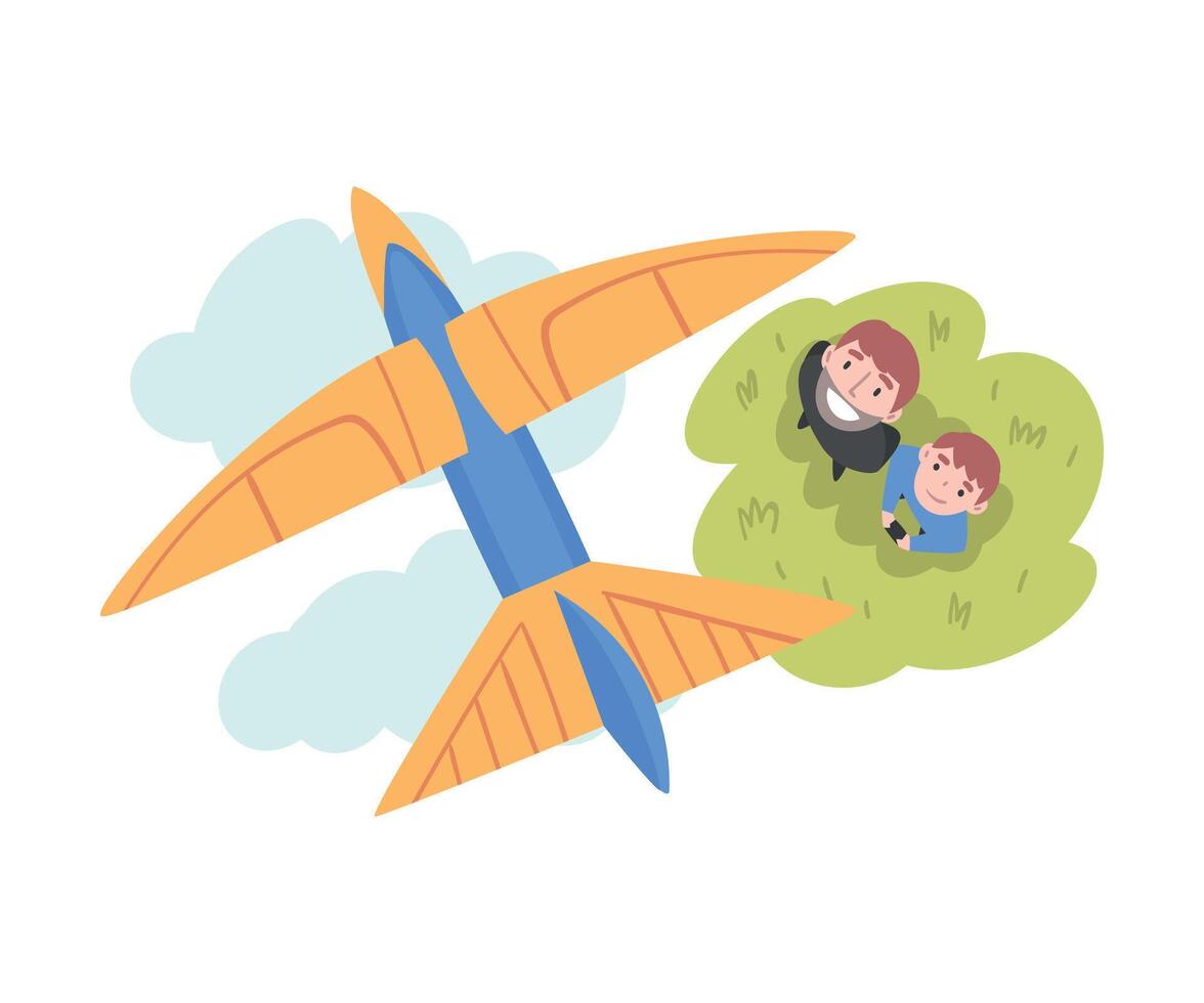 Father and his Son Launching Airplane Model, Happy Parent and Child Spending Time Together Outdoors Cartoon Style Illustration vector