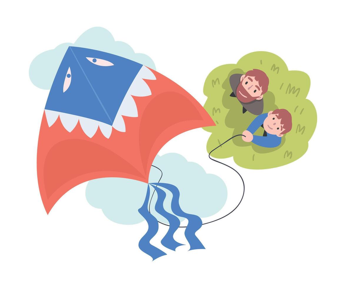Dad and his Son Playing Kite, View from Above, Family Spending Time Together Outdoors Cartoon Style Illustration vector