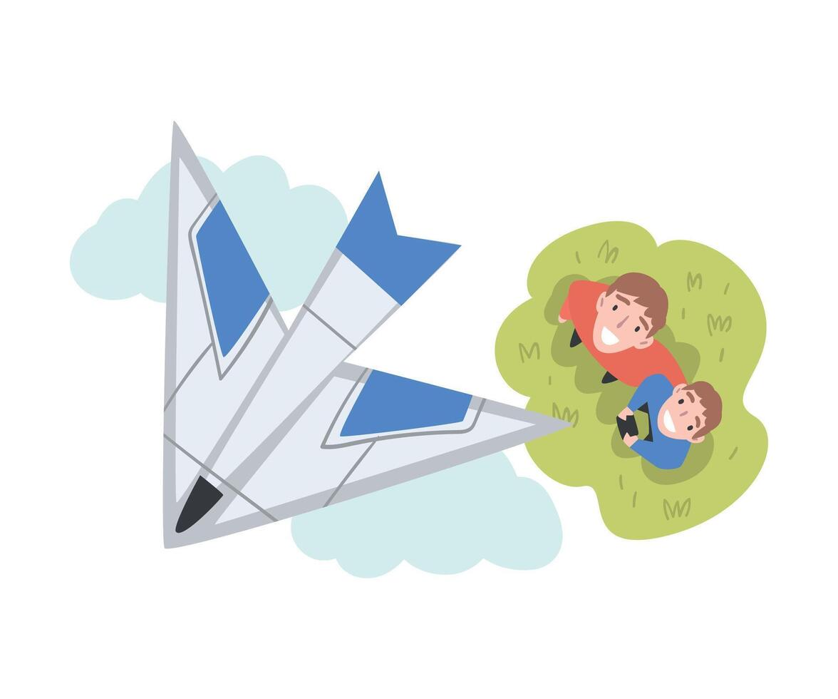Dad and Son Launching Aeromodel, View from Above of Miling Man and Boy Spending Time Together Outdoors, Aeromodelling Cartoon Style Illustration vector