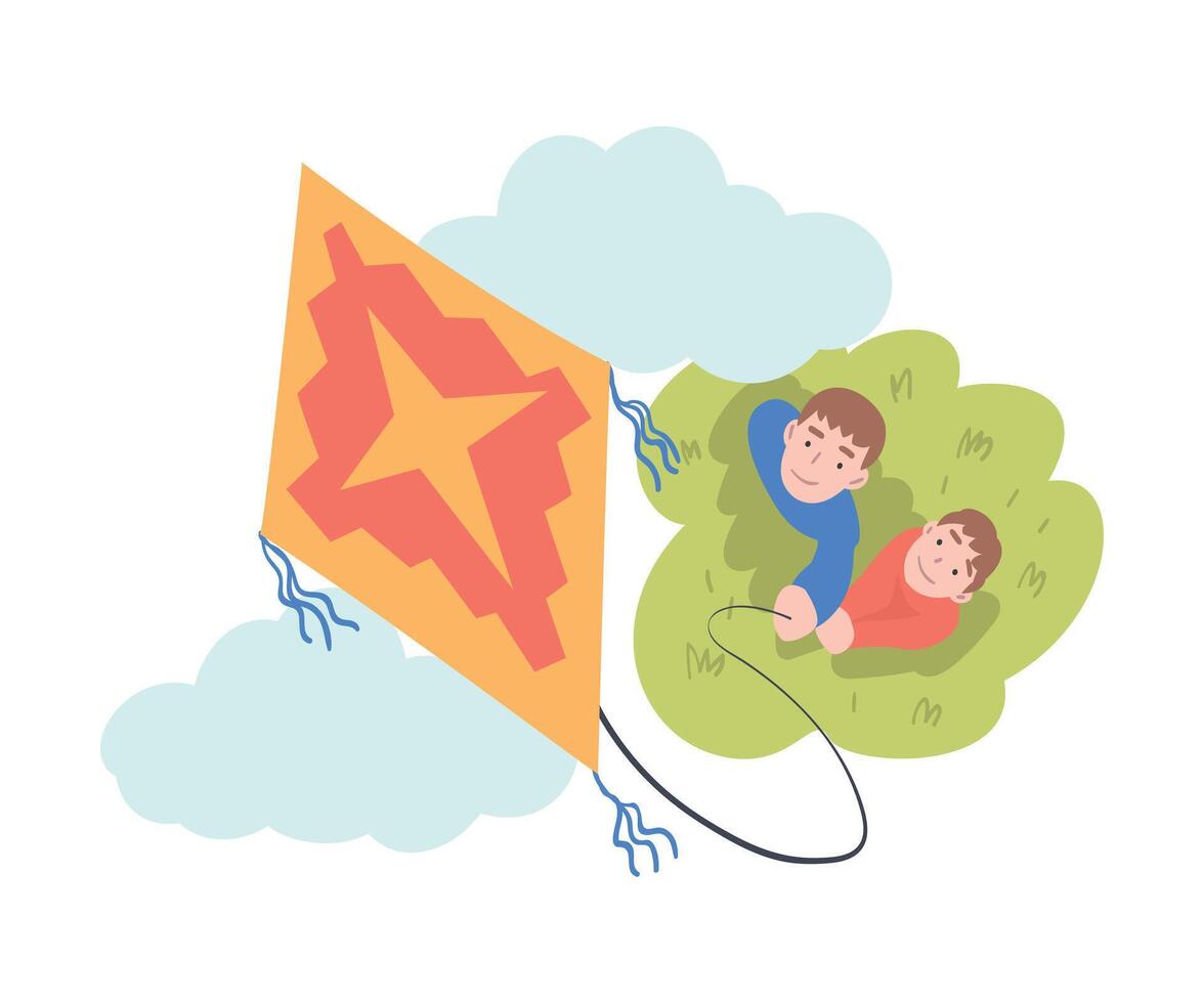 Boys Playing Kite, View from Above, Friends Spending Time Together Outdoors Cartoon Style Illustration vector