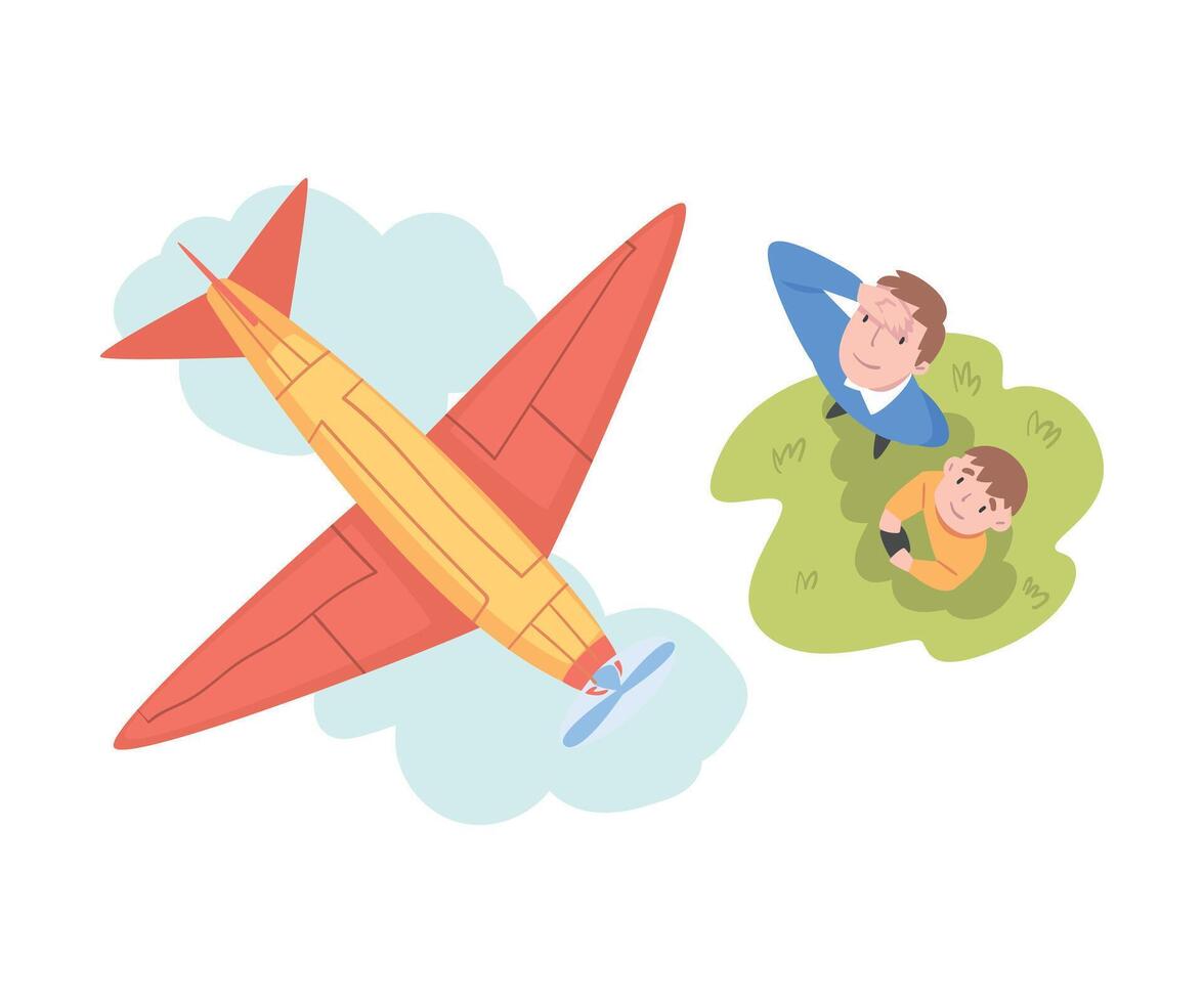 Dad and Son Launching Aeromodel or Glider, View from Above of Parent and Child Watching at Flying Airplane Outdoors, Aeromodelling Concept Cartoon Style Illustration vector