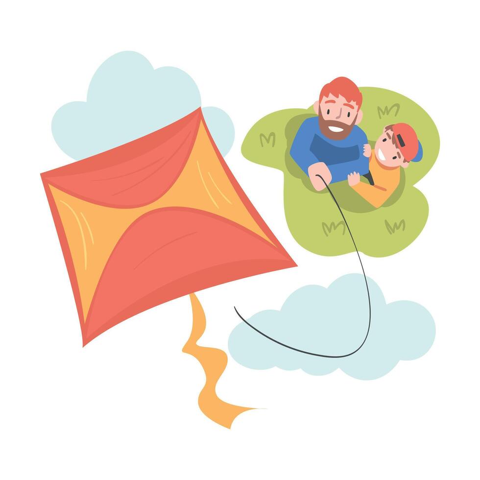 Dad and His Son Playing Kite Outdoors, Top View of Smiling Man and Boy Watching at Flying Kite, Family Spending Time Together Outdoors Cartoon Style Illustration vector