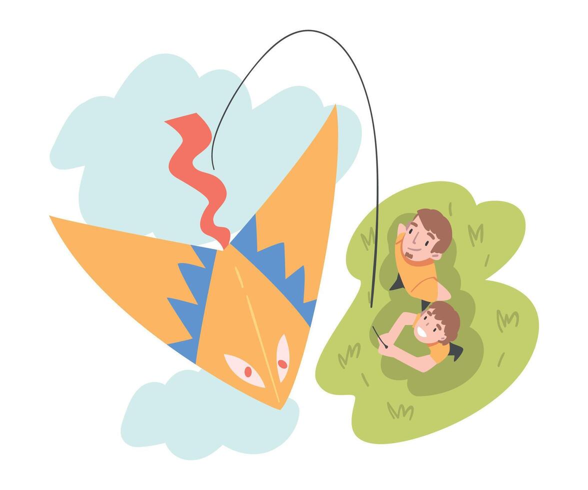 Dad and Son Playing Kite on Meadow, View from Above, Man and Boy Watching at Flying Kite Cartoon Style Illustration vector