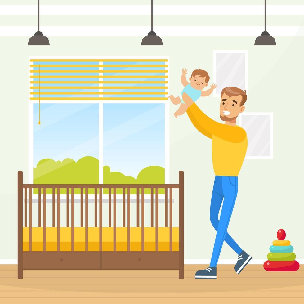 Young Man Parent Playing with Baby in Diaper Illustration vector