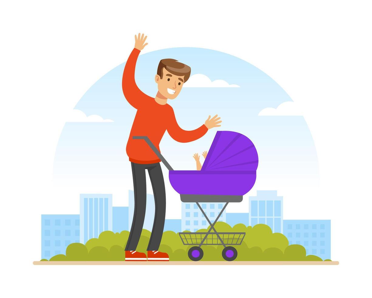 Young Man Parent Walking Outdoor with Baby Carriage Illustration vector