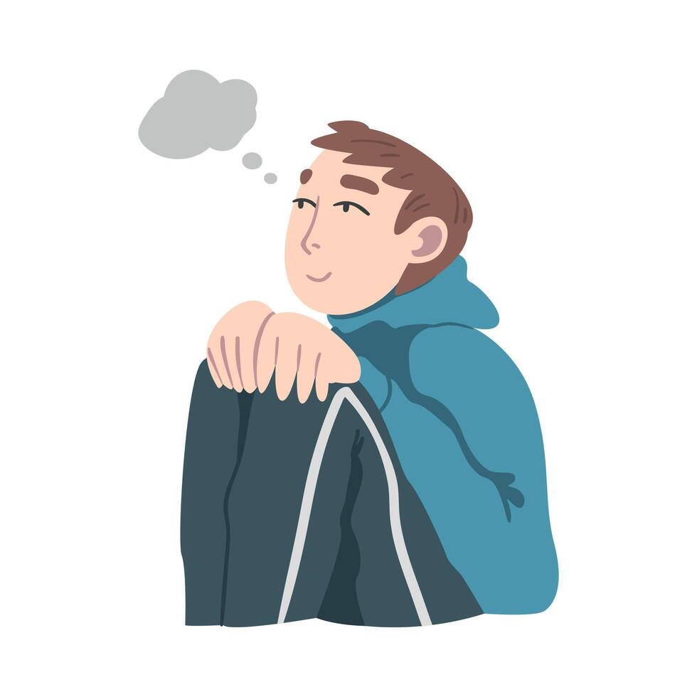 Dreaming Man in Hoody Fantasizing Imagining Something in His Head Illustration vector