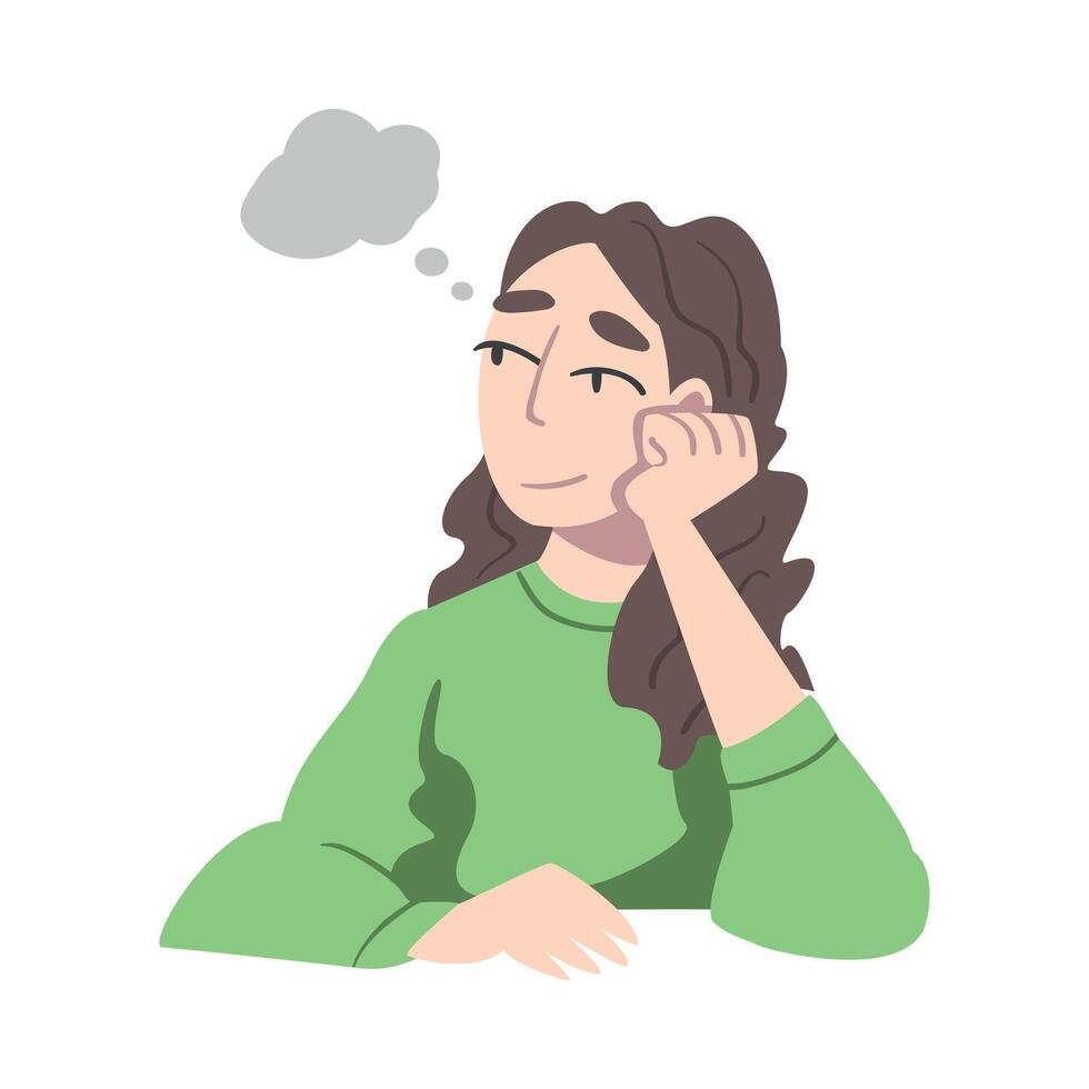 Dreaming Woman Sitting with Her Hand Against Her Cheek Fantasizing Imagining Something in Her Head Illustration vector