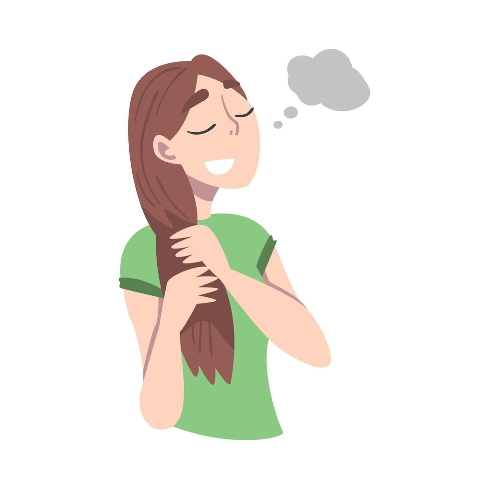 Dreaming Woman Stroking Her Hair Fantasizing Imagining Something in Her Head Illustration vector