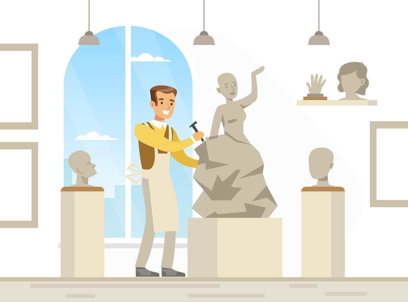 Young Man in Apron Engaged in Sculptural Arts Illustration vector