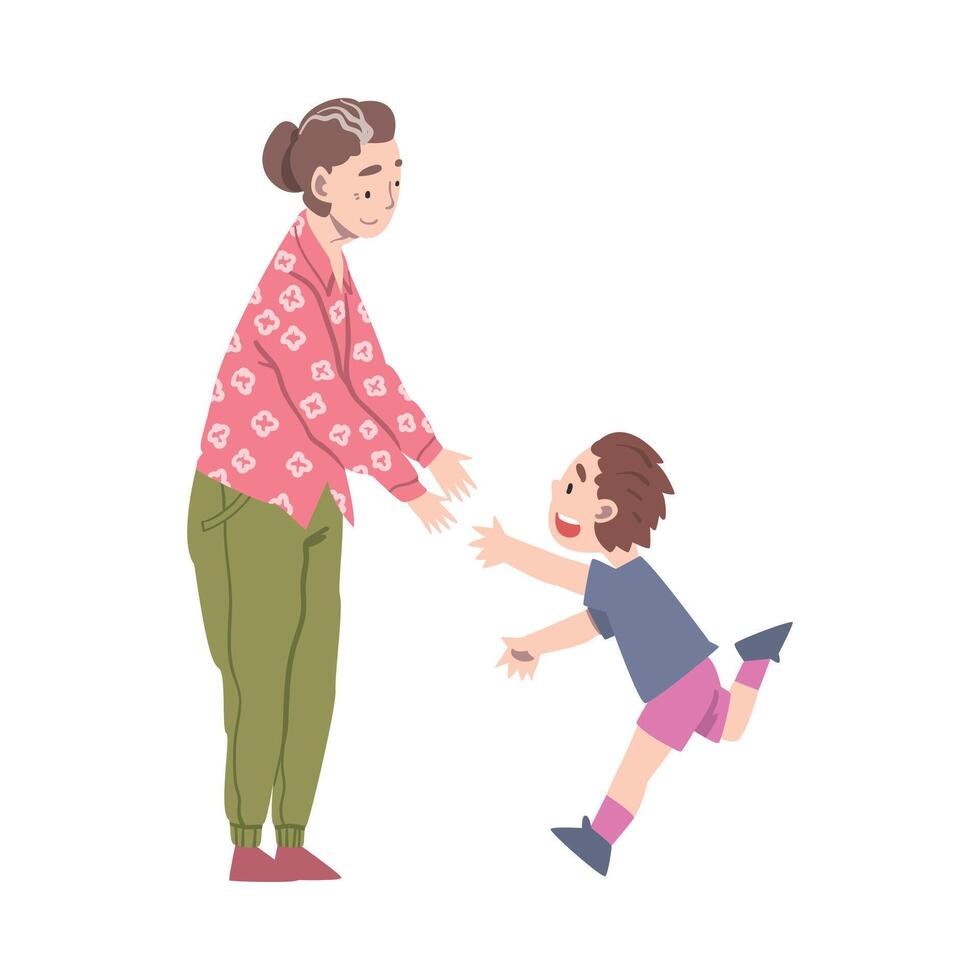 Grandma and Grandson Spending Pastime Time Together, Grandparent Entertaining Grandchild Cartoon Style Illustration vector