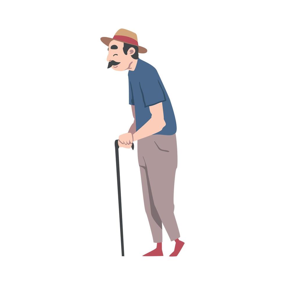 Senior Man Walking with Cane, Cheerful Active Retired Elderly Man Character Cartoon Style Illustration vector