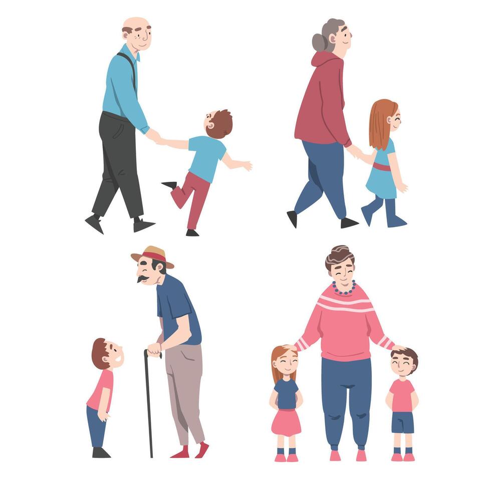 Grandparents Having Good Time with Grandchildren Set, They are Walking with Their Grandsons and Granddaughters Cartoon Style Illustration vector