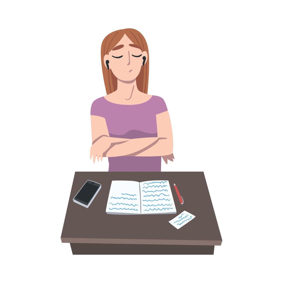 Woman Journalist Sitting at Desk Relaxing Before Article Writing Illustration vector