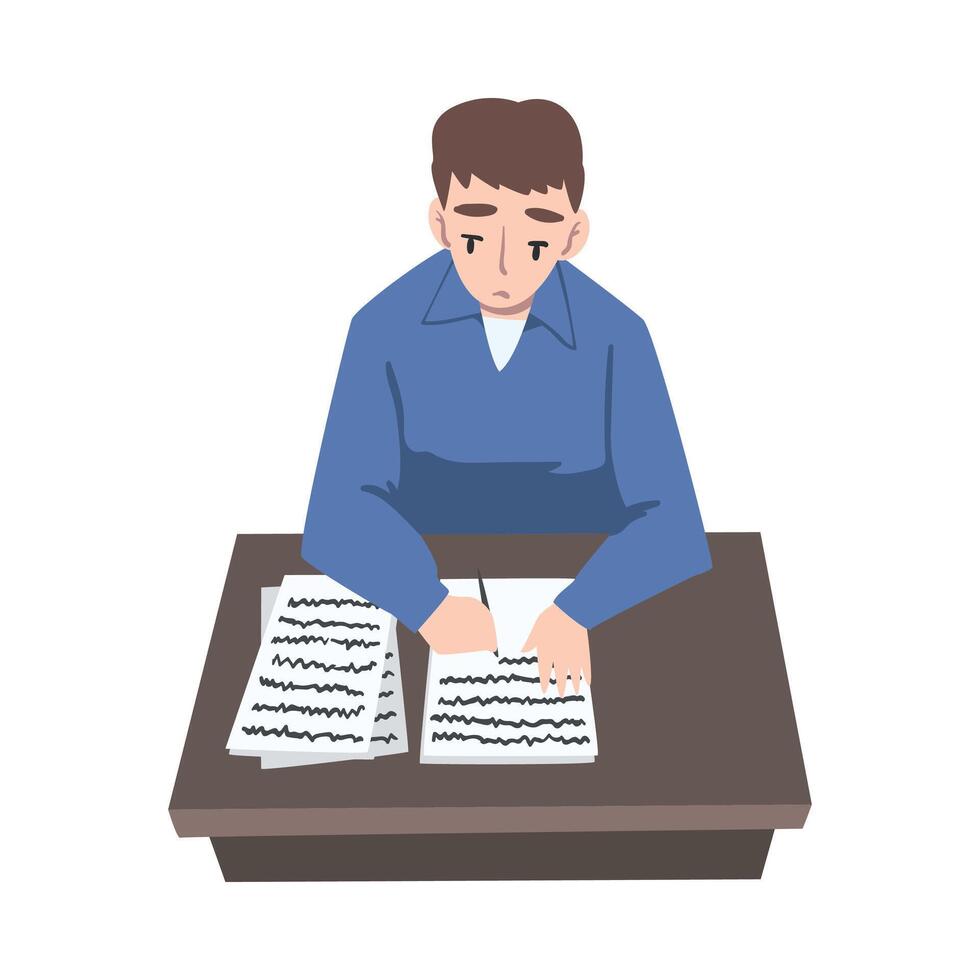Young Male as Professional Journalist Sitting at Desk and Writing Article or Public Essay Illustration vector