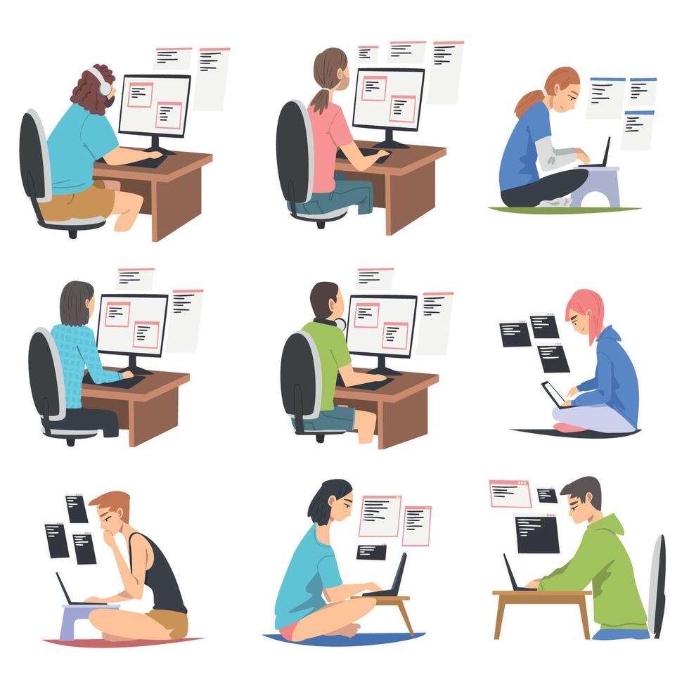 Software Developer or Programmer Engaged in Coding in Server-side Framework on Laptop or Computer Illustration Set vector