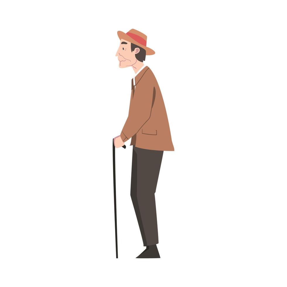 Side View of Elderly Man with Walking Cane Standing and Waiting Cartoon Style Illustration vector