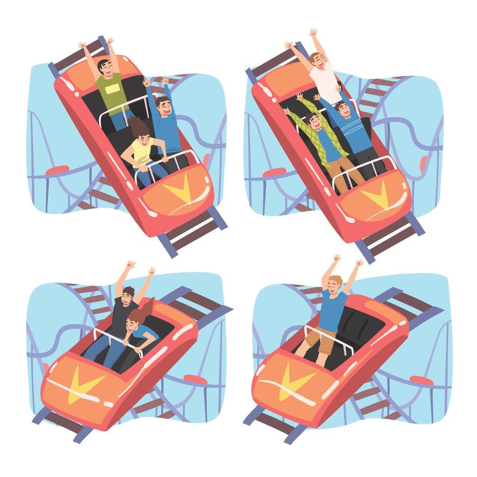 People Having Fun in Roller Coaster Set, Excited Guys and Girls Riding Small Fast Open Cars in Amusement Park Cartoon Style Illustration vector