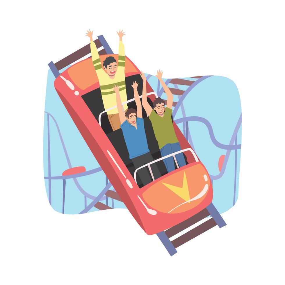 People Having Fun in Roller Coaster, Excited Male Friends Riding Small Fast Open Car in Amusement Park Cartoon Style Illustration vector