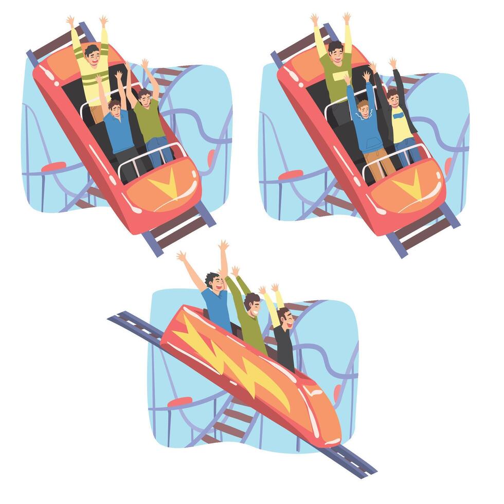 People Having Fun in Roller Coaster Set, Bundle of Excited Young Men and Women Riding Small Fast Open Cars in Amusement Park Cartoon Style Illustration vector