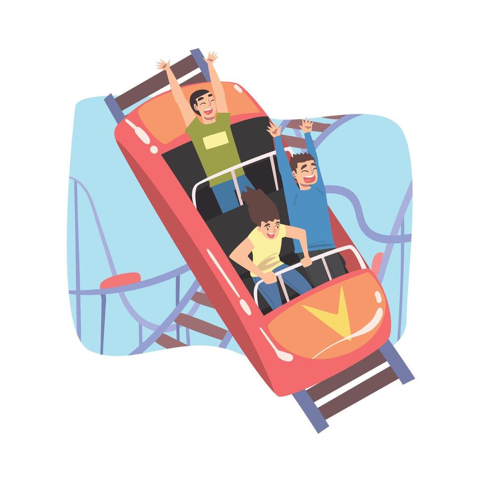People Having Fun in Roller Coaster, Top View of Excited Young People Riding Small Fast Open Car in Amusement Park Cartoon Style Illustration vector