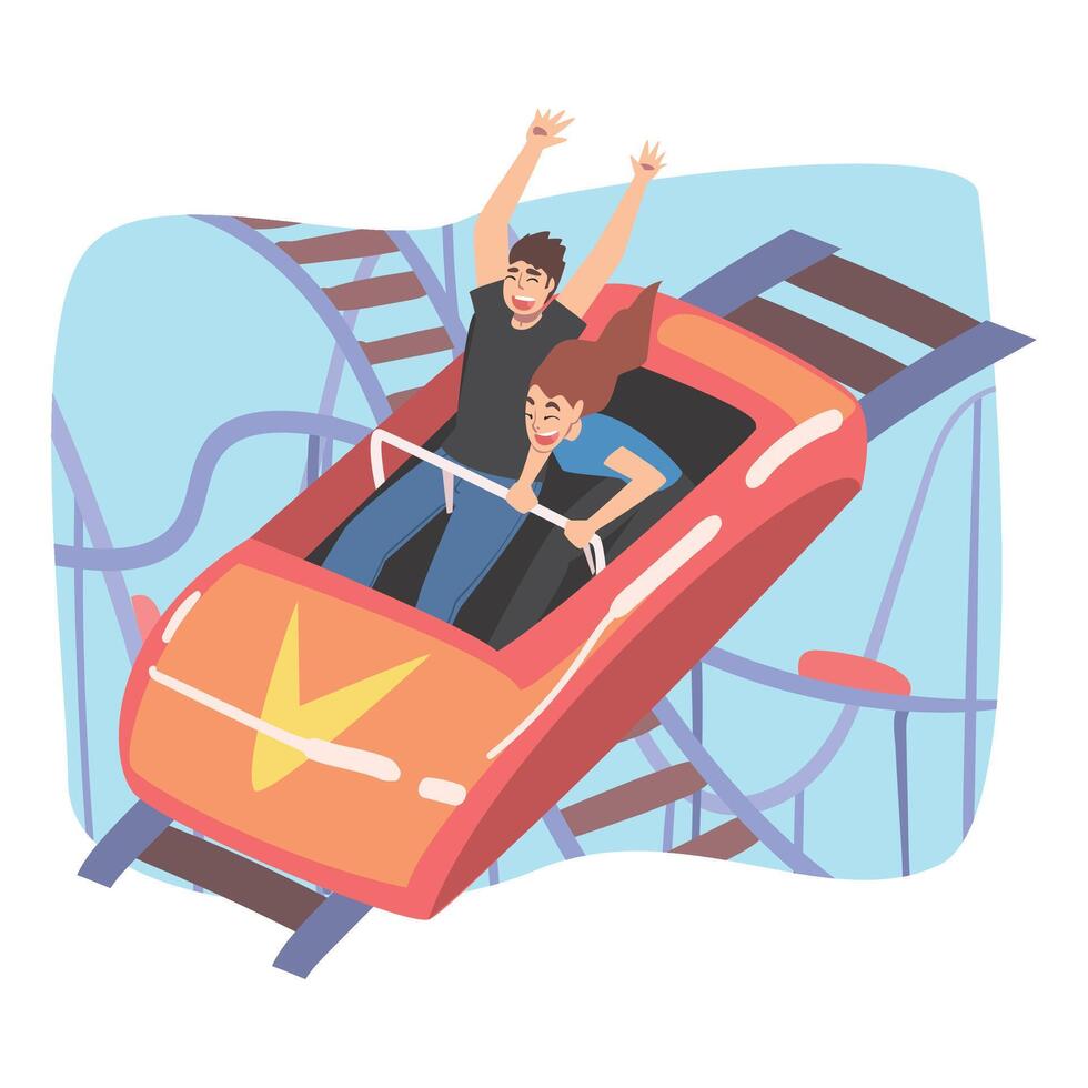 Couple Having Fun in Roller Coaster, Top View of Excited Young People Riding Small Red Fast Open Car in Amusement Park Cartoon Style Illustration vector