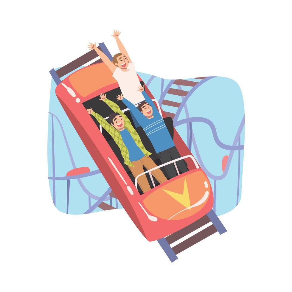 Group of People Having Fun in Roller Coaster, Excited Boys Riding Small Fast Open Car in Amusement Park Cartoon Style Illustration vector