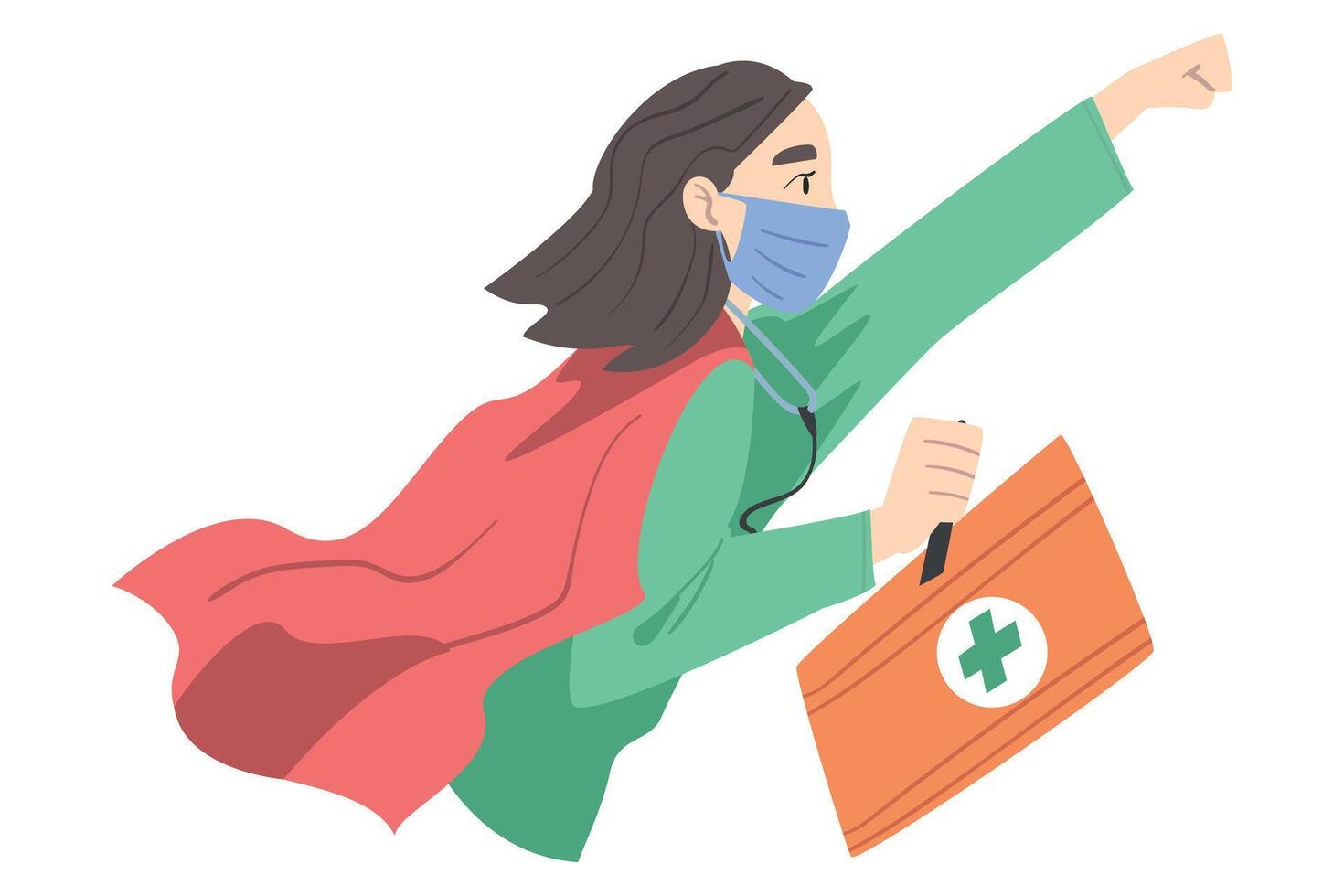 Doctor Superhero Wearing Medical Mask and Cape Flying with First Aid kit in her Hands, Professional Doctor Fighting Against Viruses Cartoon Style Illustration vector