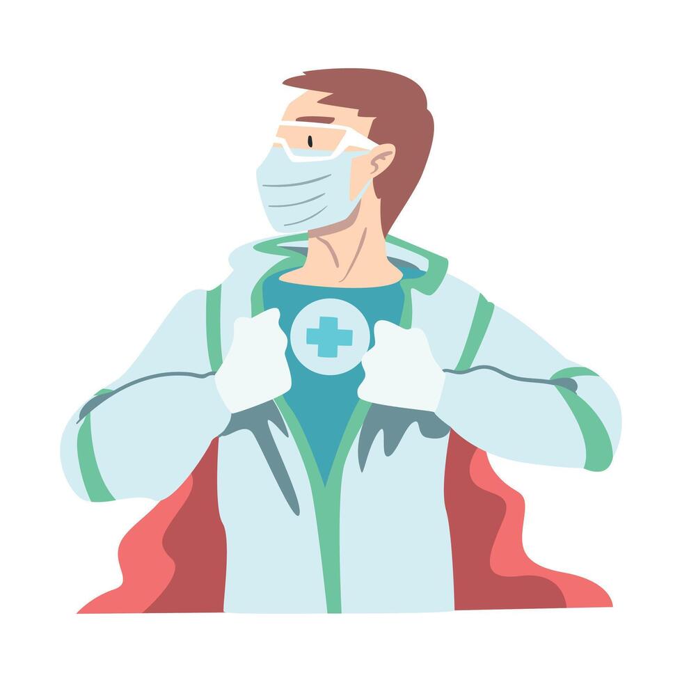 Doctor Wearing Medical Mask and Superhero Costume, Confident Doctor Fighting Against Viruses and Helping People, Healthcare and Safety Cartoon Style Illustration vector