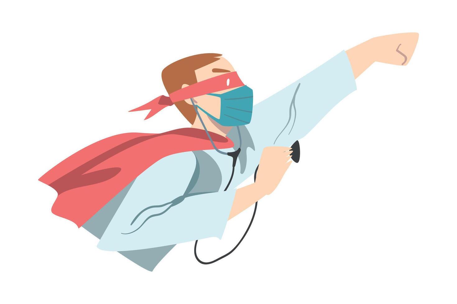 Male Doctor Superhero Wearing Medical Mask and Cape with Stethoscope, Confident Doctor Fighting Against Viruses, Healthcare Concept Cartoon Style Illustration vector