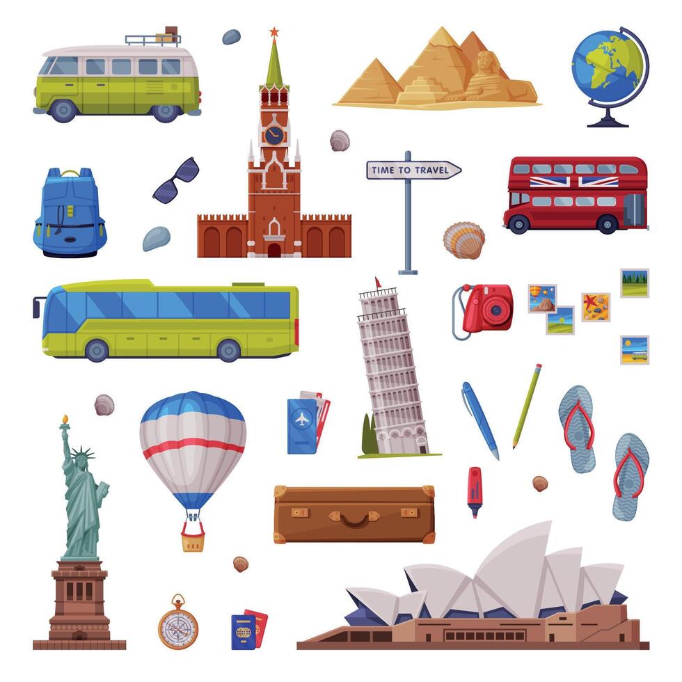 Travel Time with City Landmarks and Trip Attributes Like Backpack, Camera and Passport Set vector