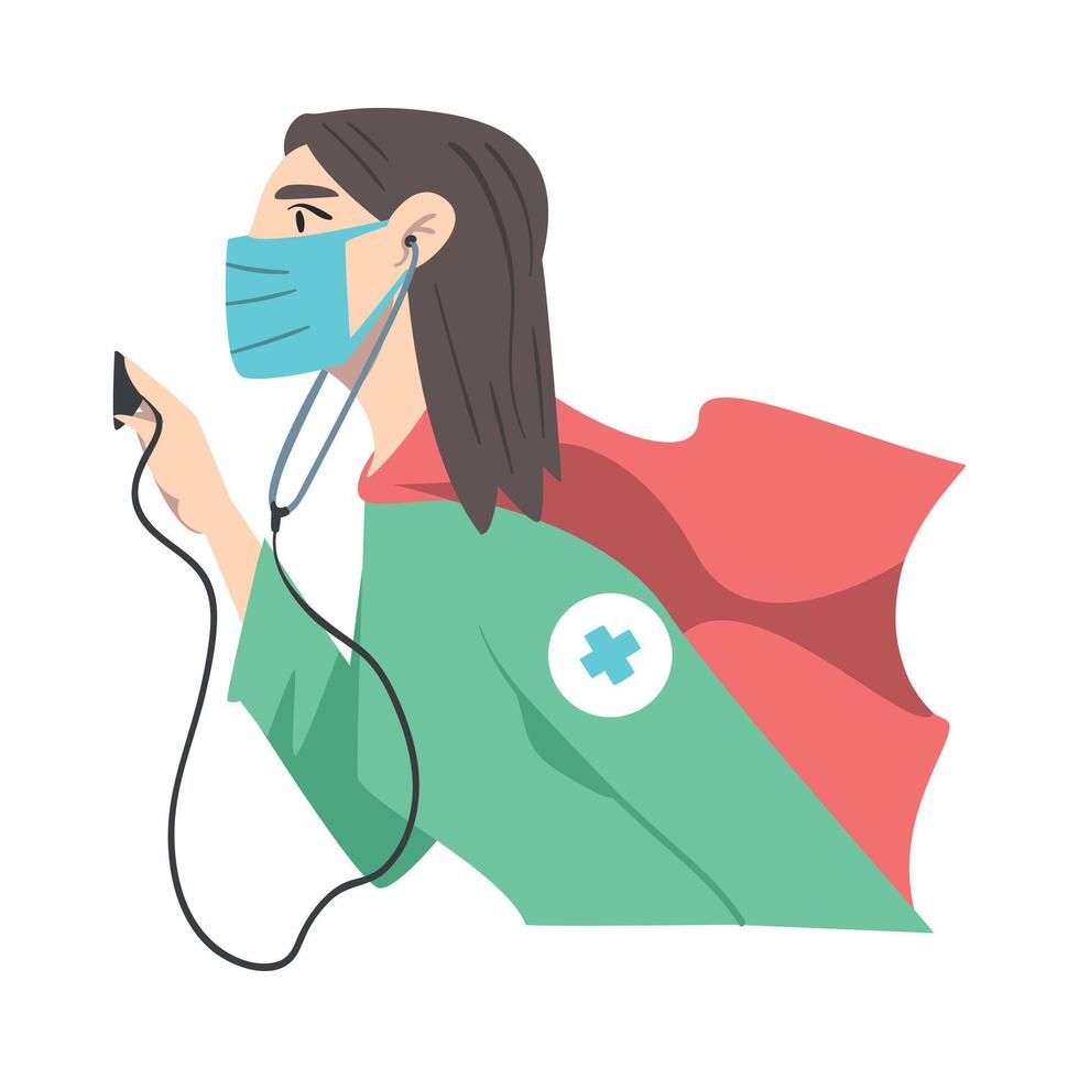 Doctor Superhero Wearing Medical Mask and Cape with Stethoscope, Professional Doctor Fighting Against Viruses, Healthcare Concept Cartoon Style Illustration vector